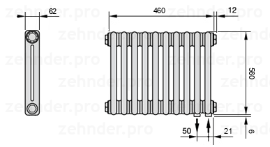 Схема (чертеж) Радиатор Zehnder Charleston 2056/10 №5510 Белый глянцевый RAL 9016